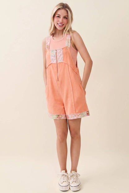 Mineral Washed Floral Patched Zipper Romper