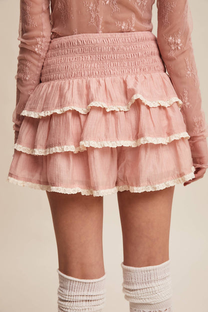 Tiered Ruffle Lace Trim Skort
