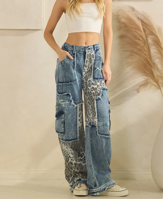 Washed Leopard Print Denim Jeans Oli and Hali
