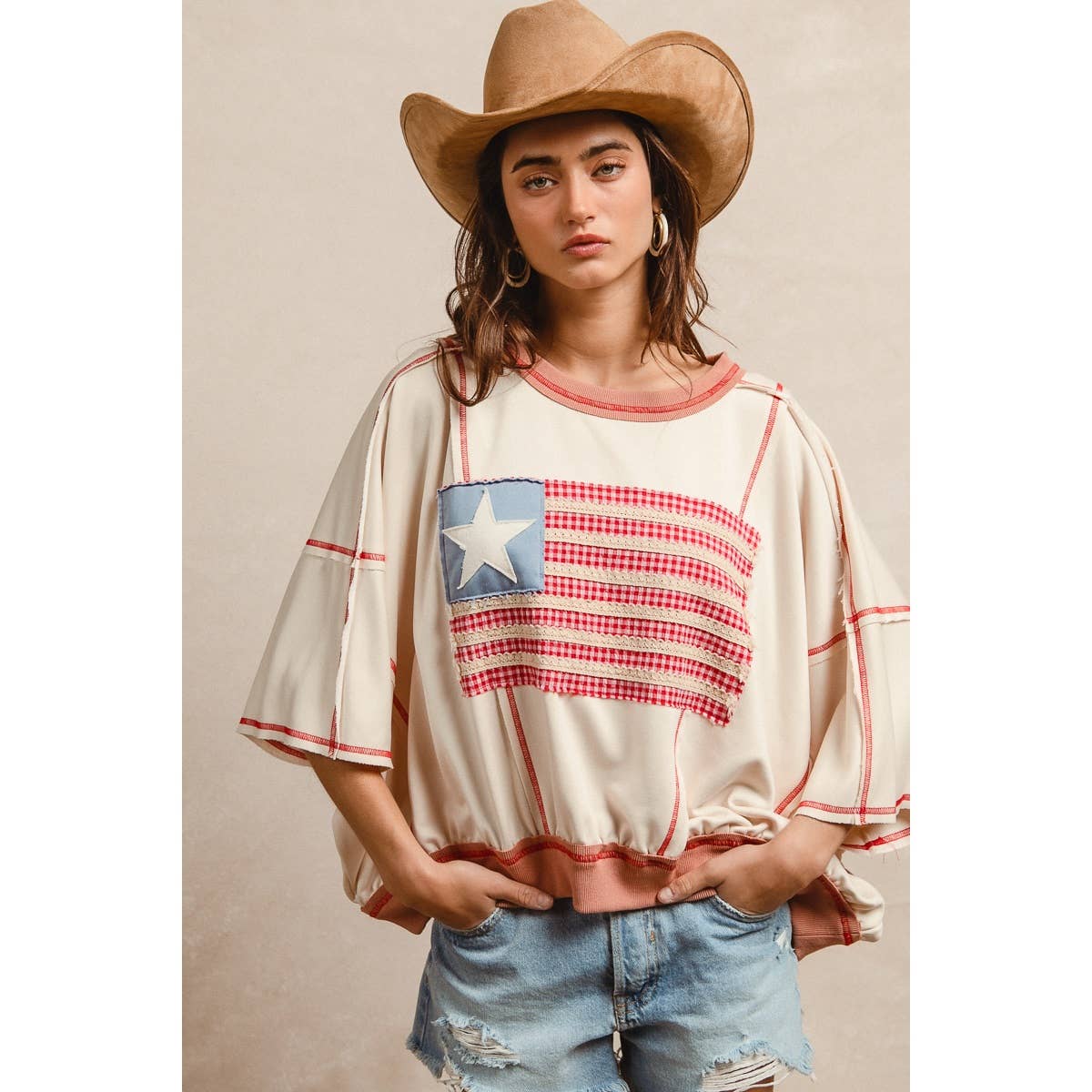 AMERICAN FLAG PATCHWORK OVERLOCK STITCH TOP