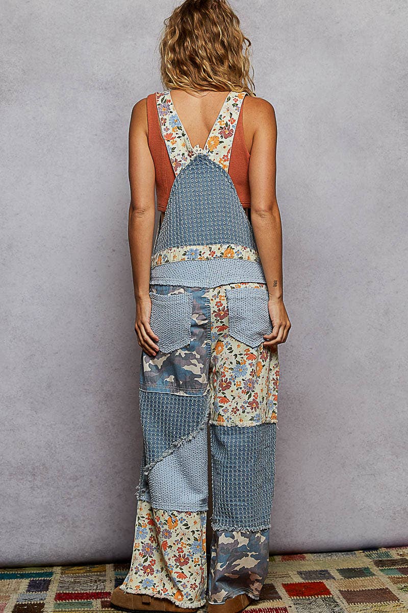 Animal printed floral print frayed edge twill woven overalls