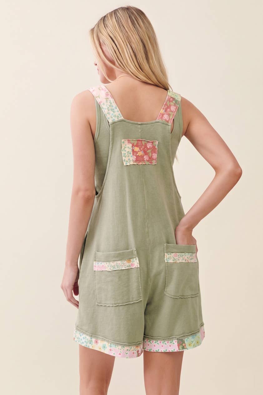 Mineral Washed Floral Patched Zipper Romper