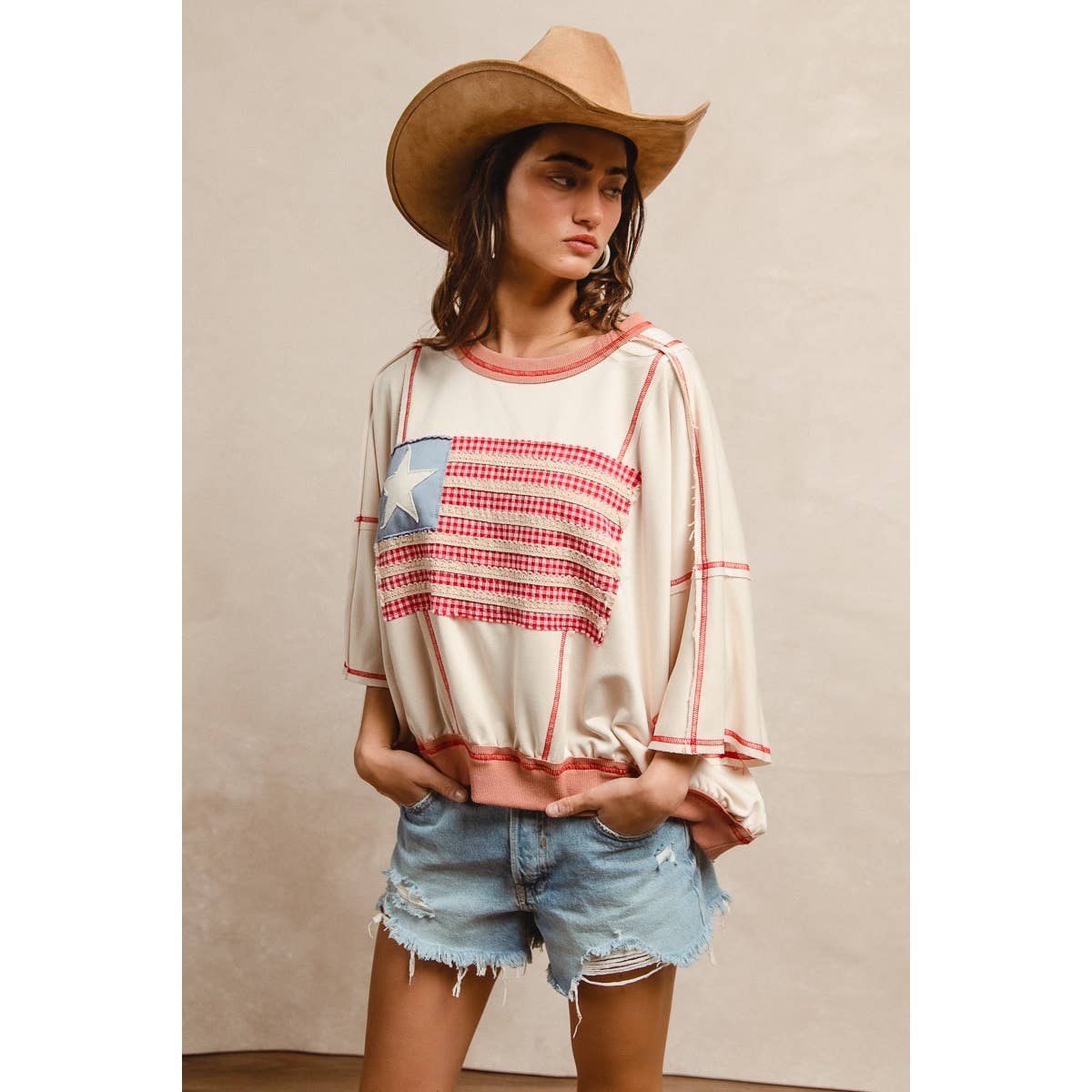AMERICAN FLAG PATCHWORK OVERLOCK STITCH TOP