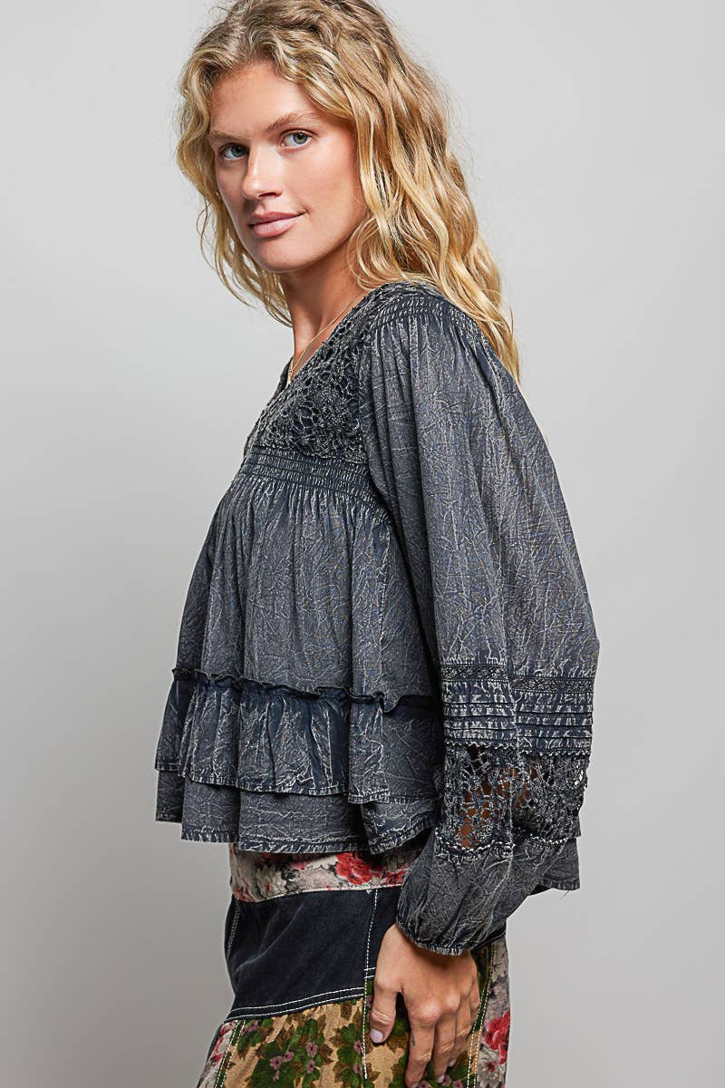 Feminine Lacework Pintuck Button Front Woven Blouse