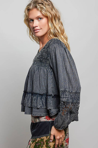 Feminine Lacework Pintuck Button Front Woven Blouse