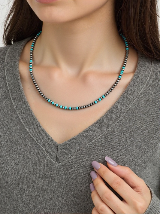 NKS230603-03-BLUE      "16 inches 4mm blue turquoise stone with silver  Navajo pearl bead Necklace"