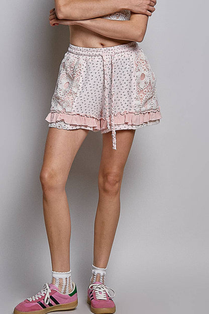 Pink Boho Floral Knit Waistband Lace Patch Ruffle Shorts