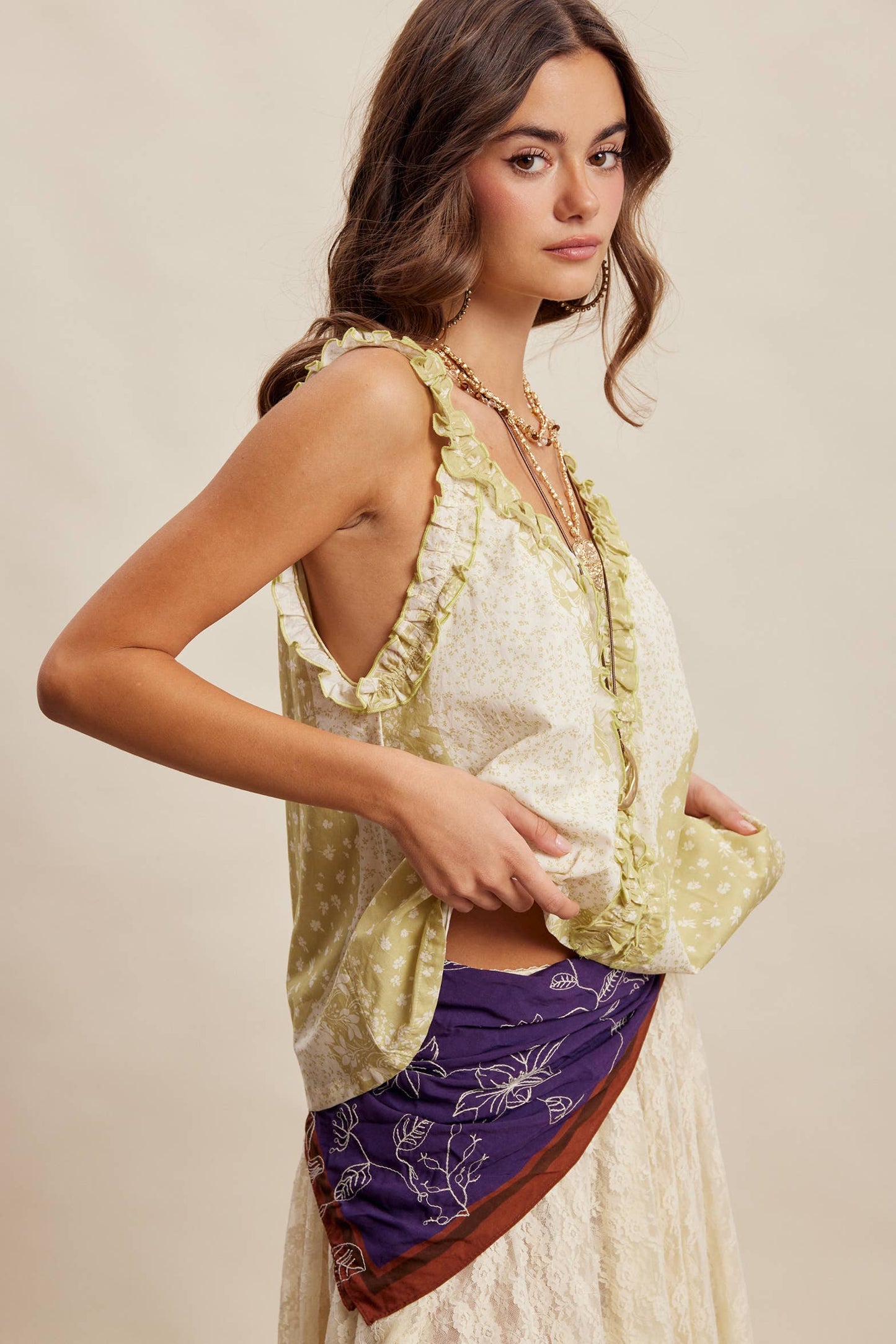 Sage Ruffle Trim Patchwork Tank Top
