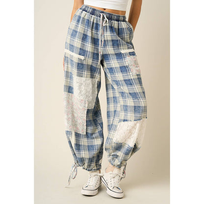 Mittoshop PLAID PATCHWORK LACE DRAWSTRING PARACHUTE PANTS