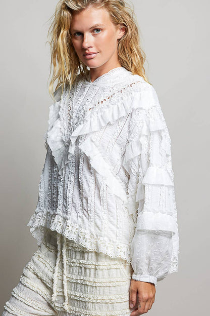 White Romantic Lace Ruffle Balloon Sleeve Floral Trim Hoodie