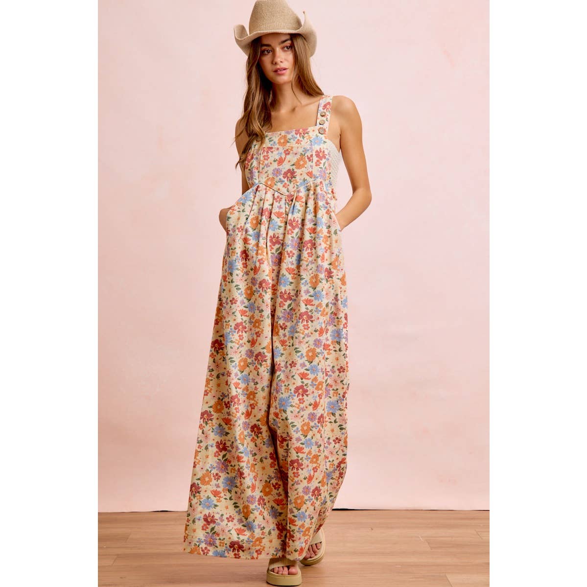 WASHED FLORAL TWILL FRONT POCKETS DETAIL OVERALL