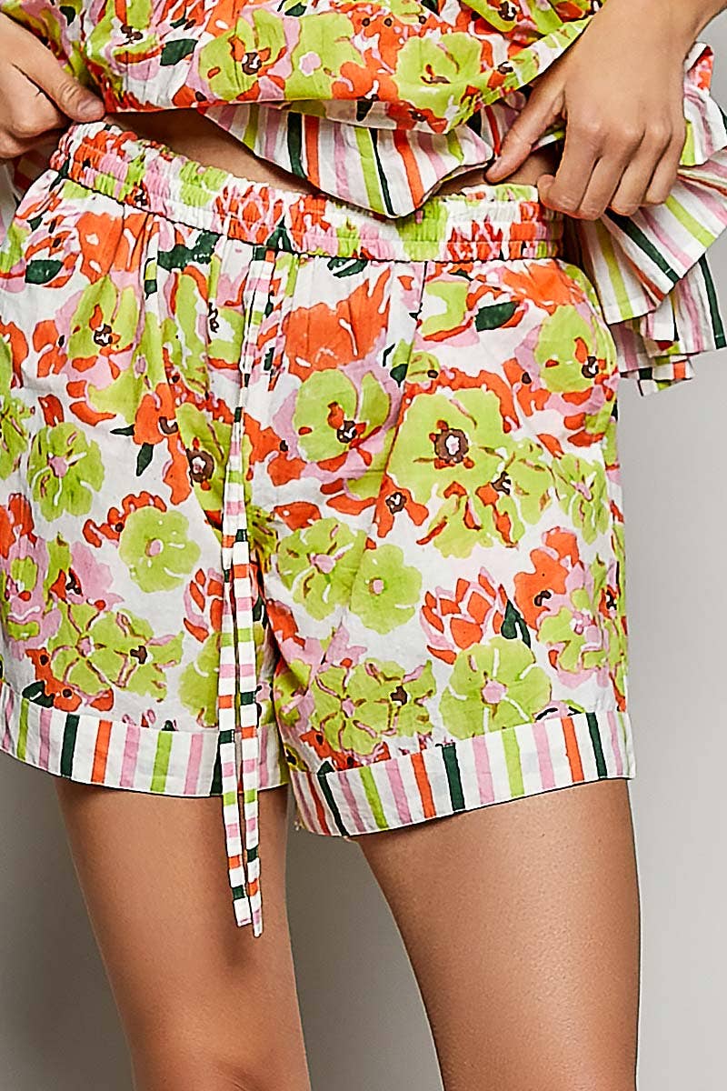 Lime Floral Stripe Trim Drawstring Shorts