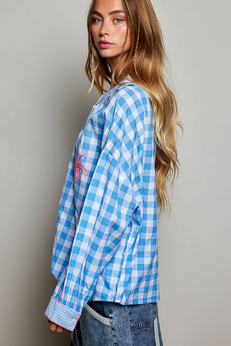 Graphic Palm-Tree Embroidery Paid Blouse Top