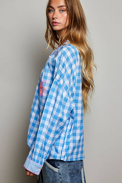 Graphic Palm-Tree Embroidery Paid Blouse Top