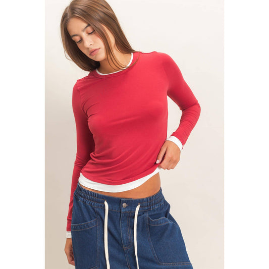 Layered Black and Red Effect Long Sleeve Top