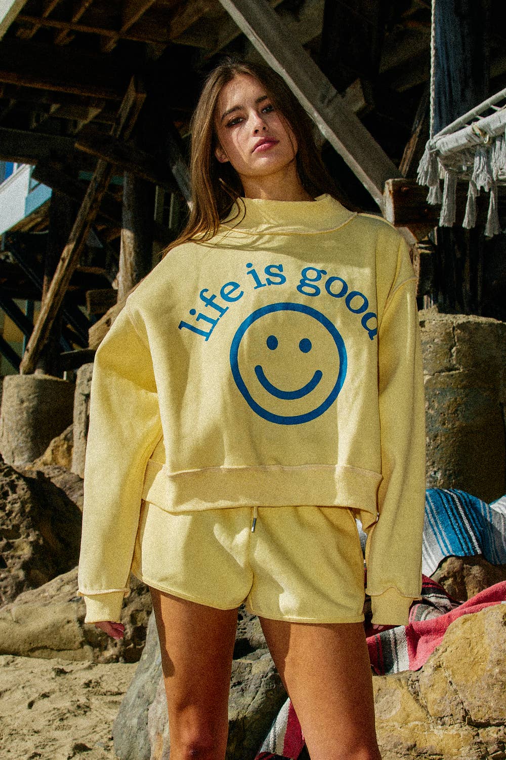 Life is Good Reversible Mock-Neck Crop Sweatshirt