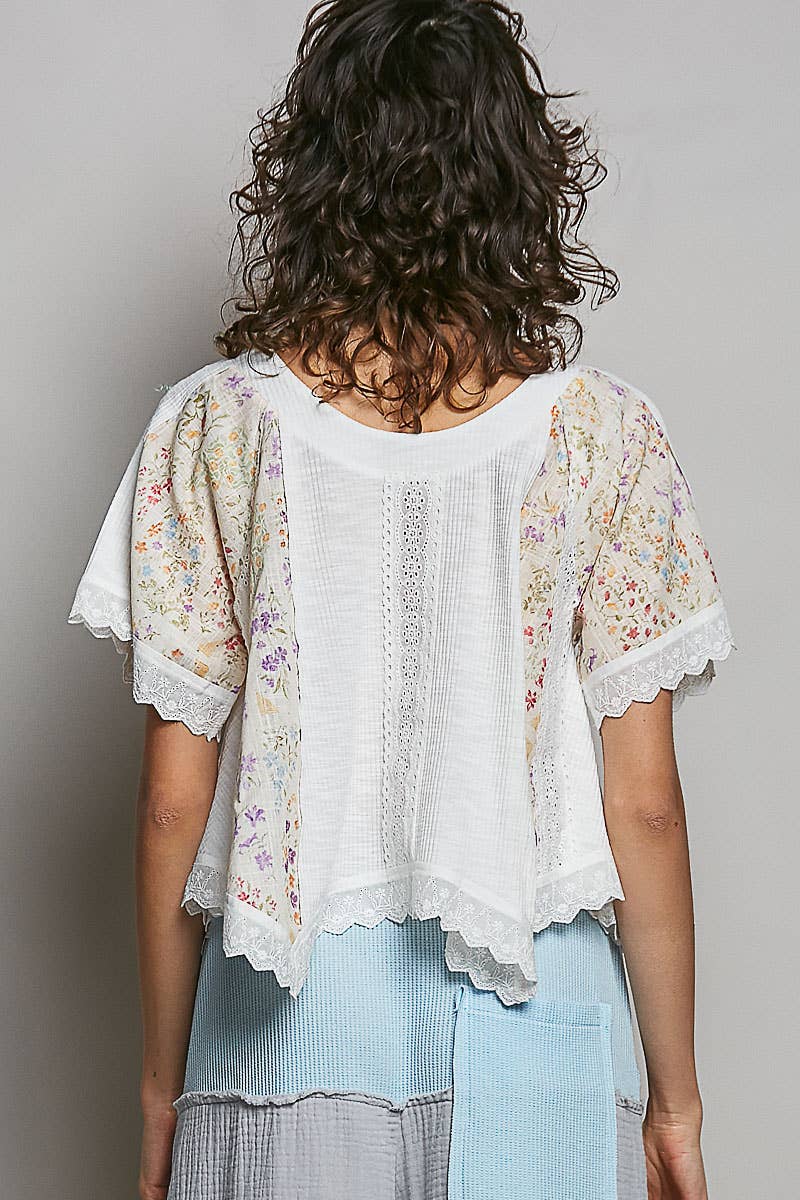 Round Neck Contrast Floral Eyelet Trim Rib Short Sleeve Top