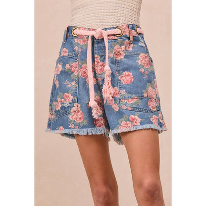BRAIDED WAIST BELT PATCH FLORAL DENIM SHORTS
