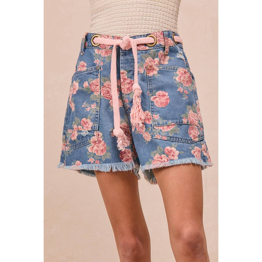 BRAIDED WAIST BELT PATCH FLORAL DENIM SHORTS
