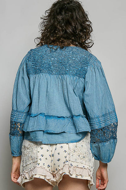 Feminine Lacework Pintuck Button Front Woven Blouse