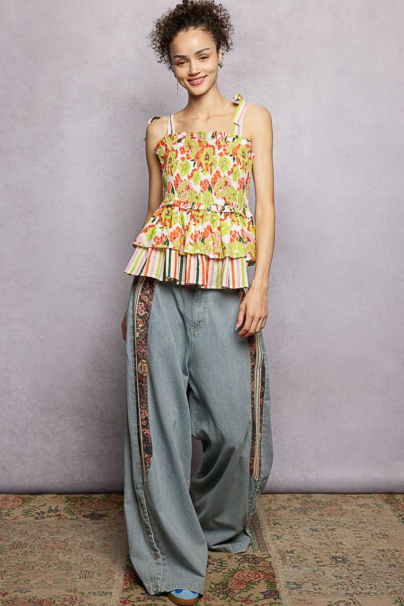 Lime Floral Ruffle Adjustable Strap Woven Printed Sleeveless Top