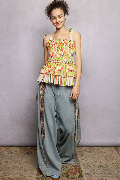 Lime Floral Ruffle Adjustable Strap Woven Printed Sleeveless Top