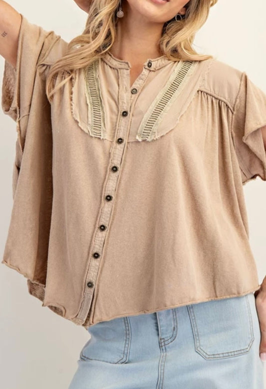 Mocha Emily Henley Button Up Top