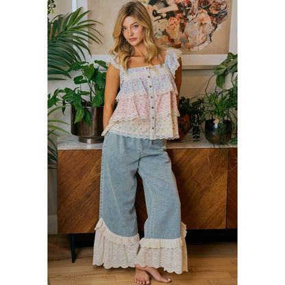 FLORAL COLOR BLOCK LACE TRIMMED RUFFLED TOP