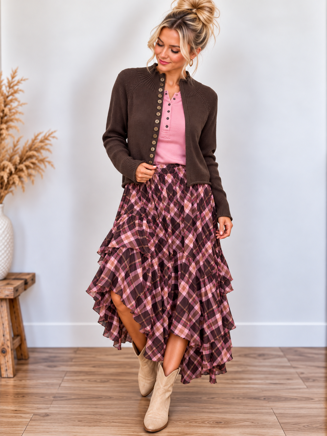 Plaid Asymmetrical Tiered Maxi Skirt