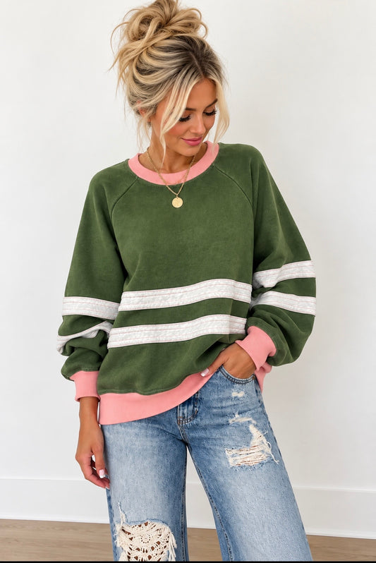 Easel Matcha Green Pink Stripe Sweater