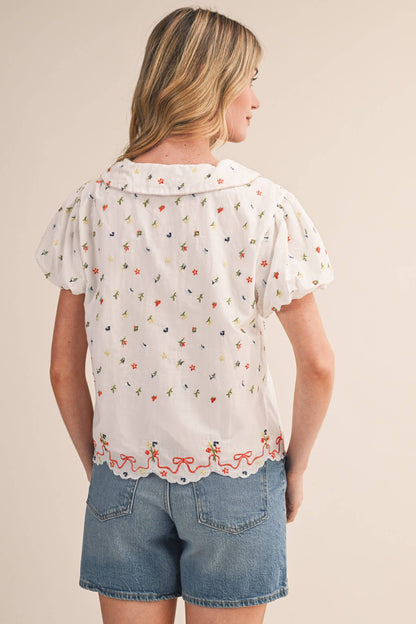 EMBROIDERED FLORAL BUBBLE SLEEVE BUTTON DOWN TOP