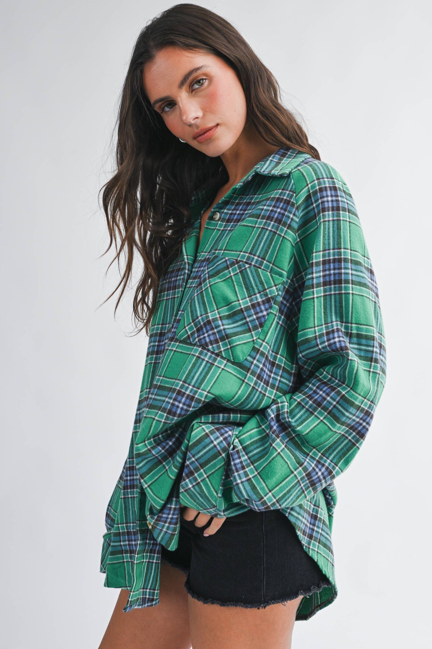 Teal Green Oversized Plaid Flannel Button Down Shirt