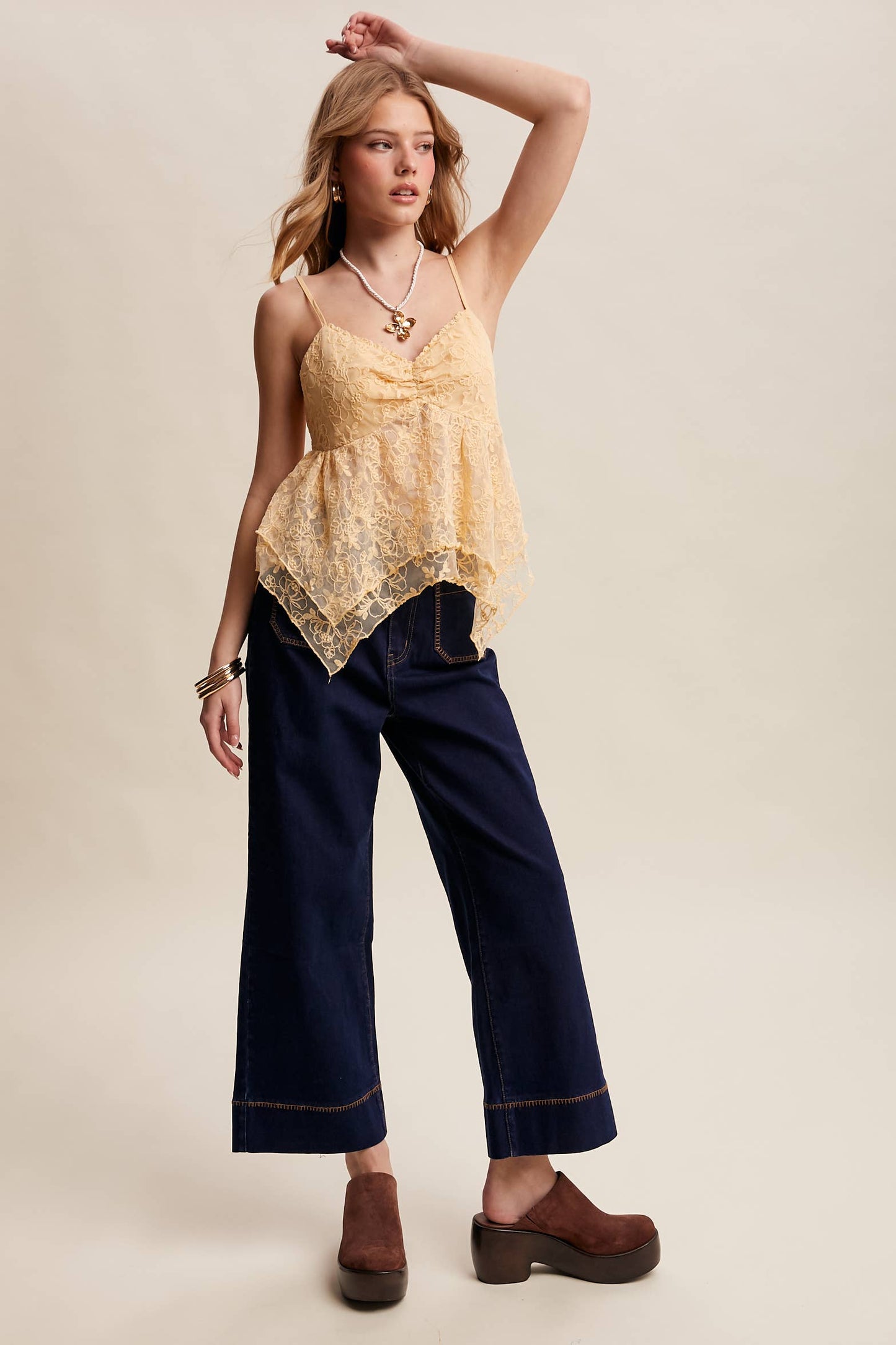 Contrast Stitch Wide Leg Stretch Denim Pants