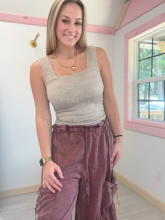 Oatmeal Floral Square Neck Tank Top