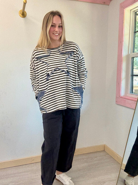 Black and White Stripe with Jean outlined Star Top Blue Velvet