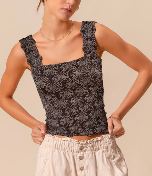 Stone Black Floral Square Neck Tank