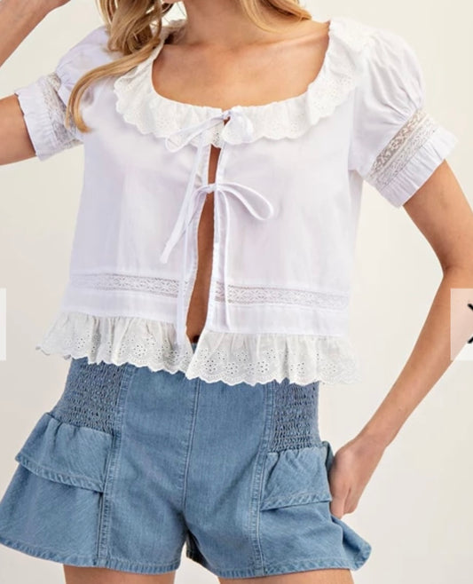 White Lace Trim Puff Sleeve Blouse