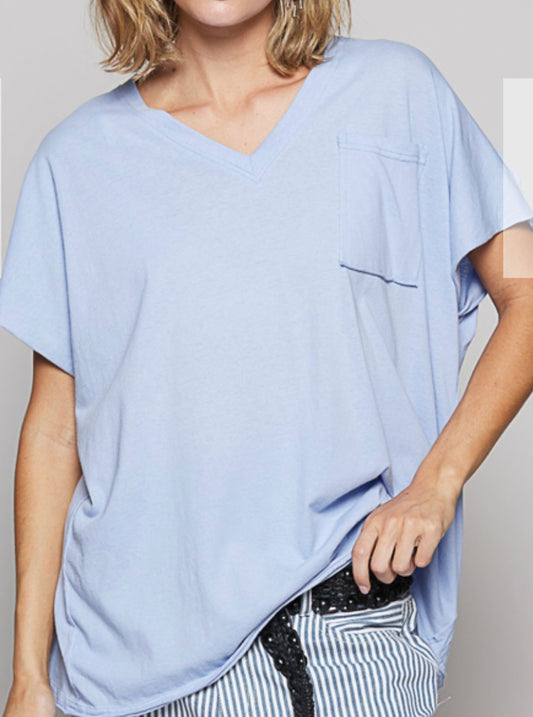 Baby Blue V Neck Pocket Top