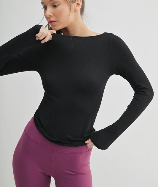 Black Boat Neck Micro Ribbed Top Mono b