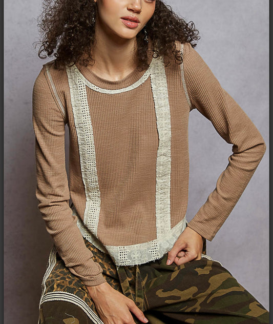 Mocha Lace Long Sleeve  Top Pol