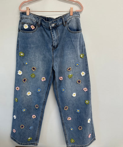 Floral 3 D Crochet Denim Pants