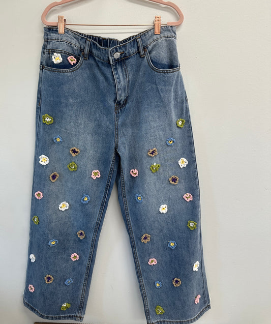 Floral 3 D Crochet Denim Pants