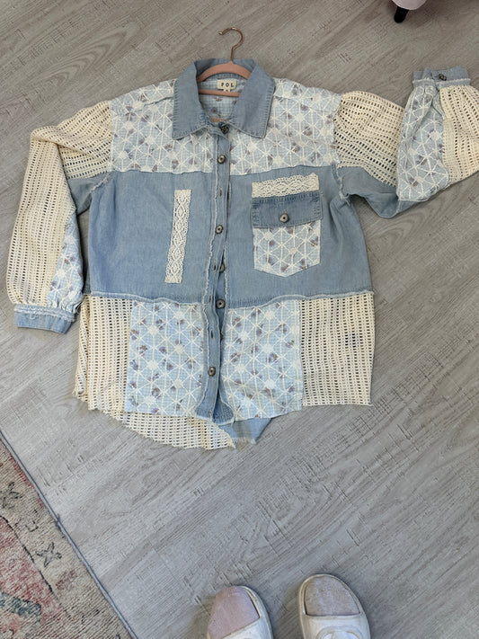Blue Bonnet Lace Button Down Top Pol