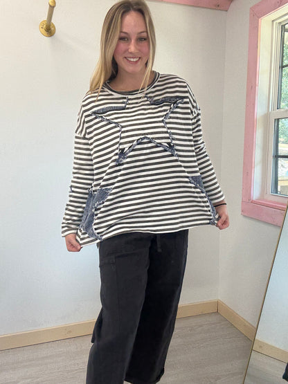 Black and White Stripe with Jean outlined Star Top Blue Velvet