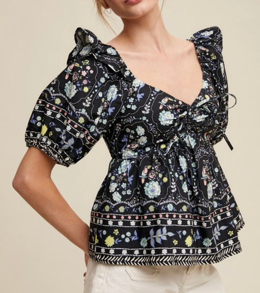 Black Floral Vintage Top