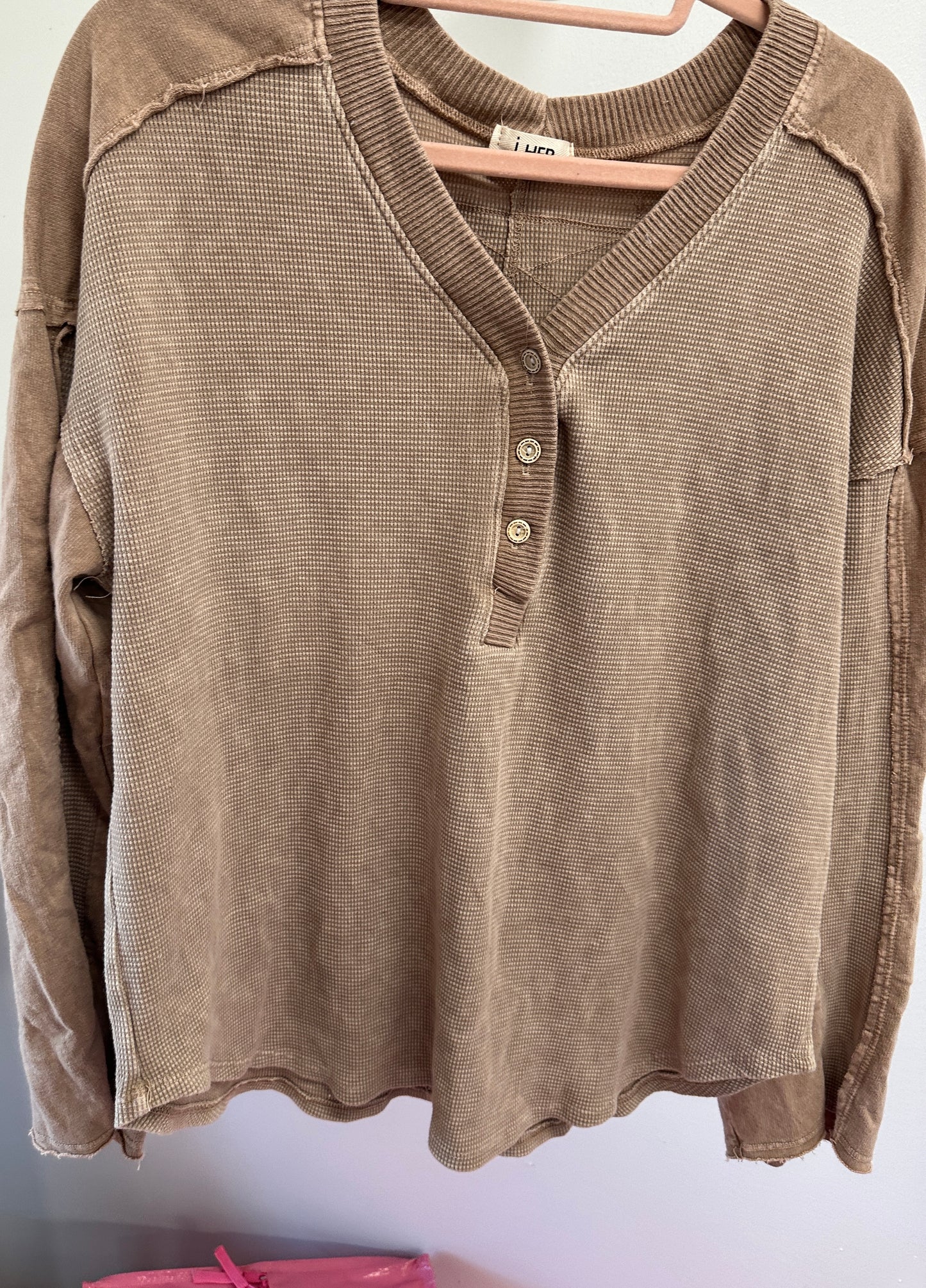 Tan Mineral Wash VNeck Henley Button Top JHer