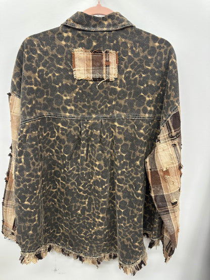 Allover Print Pattern Raw-Edge Fringe Trim Shirt Jacket