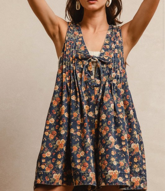 Flower Wash Denim Romper ( BiBi)j
