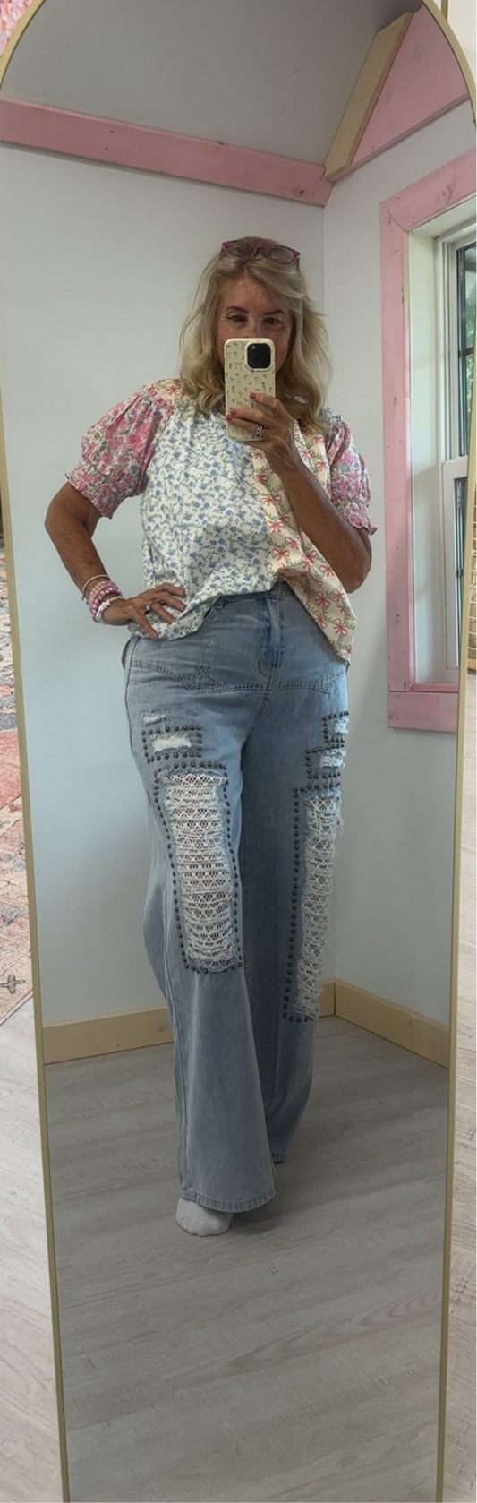 Floral and Bow Mixed Puff Sleeve Top