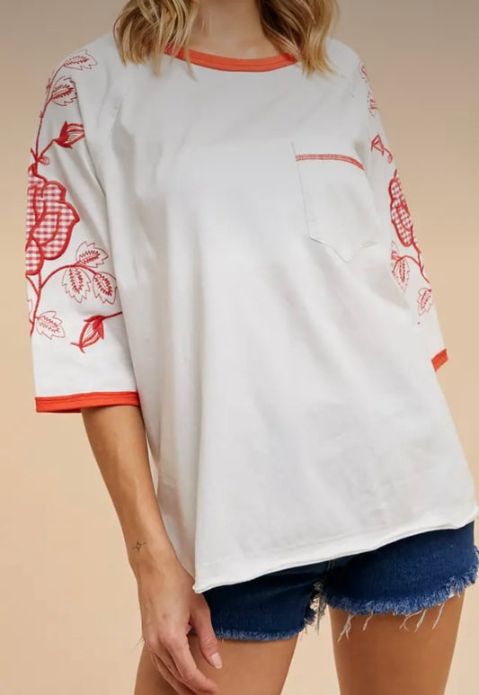 Red and White 10 Embroidery Top
